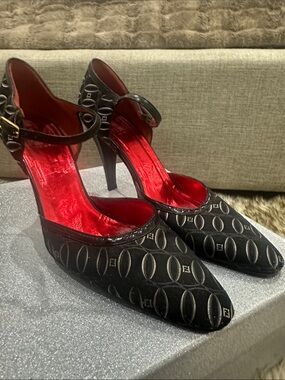 FENDI Black FF Patterned Mary Jane Heels with Red Interior ankle fasten CLASSIC